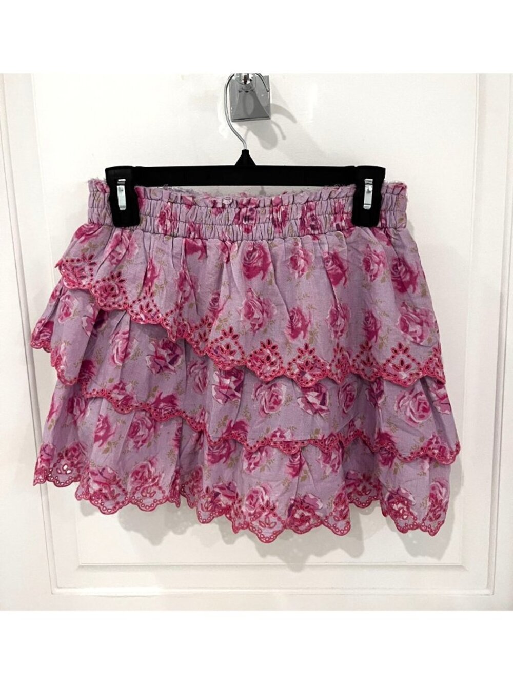 Love Shack Fancy Pink Lace Floral Tiered Mini Skirt MEDIUM Pull On Cotton - Picture 1 of 6